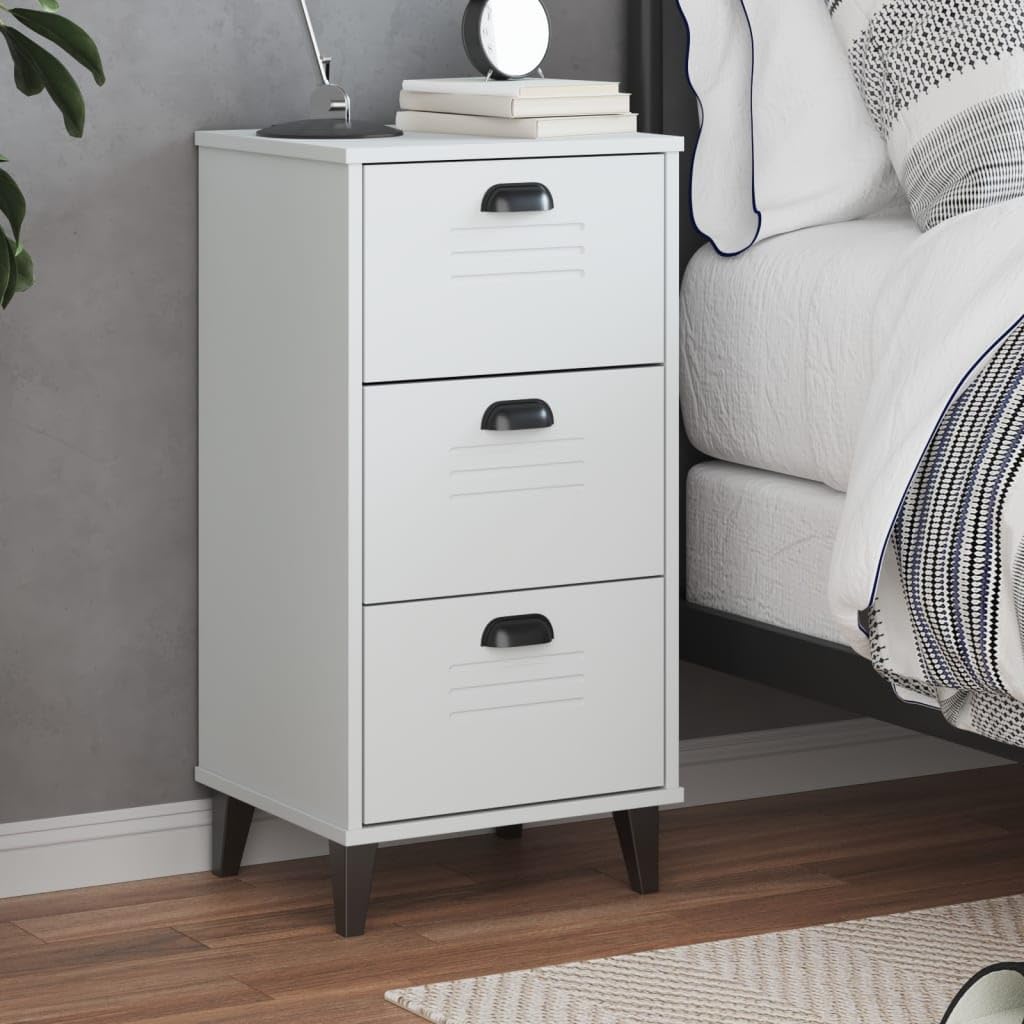 vidaXL Bedside Cabinet Accent End Table - White Engineered Wood / 3 Drawers/Industrial Style / 15.7" x 13.8" x 31.5"